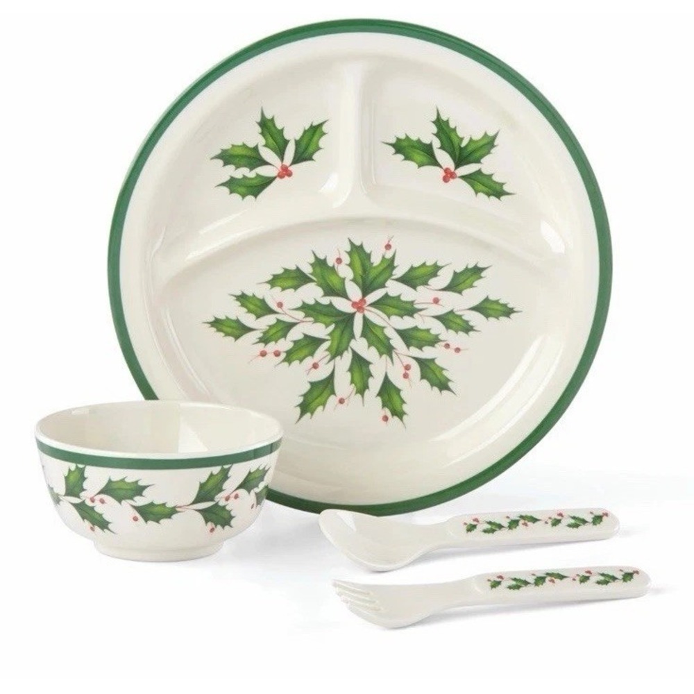 Lenox Melamine / Plastic Christmas Holly HOLIDAY Four Piece Childrens Set - N/O